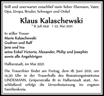Traueranzeige von Klaus Kalaschewski  von Magdeburger Volksstimme