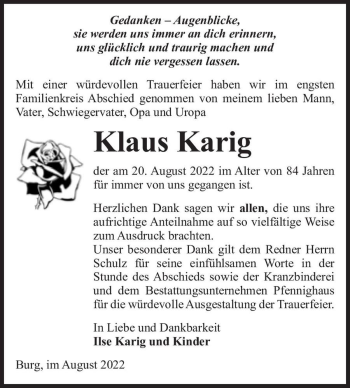 Traueranzeige von Klaus Karig  von Magdeburger Volksstimme