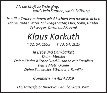 Traueranzeige von Klaus Karkuth  von Magdeburger Volksstimme