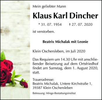 Traueranzeige von Klaus Karl Dincher  von Magdeburger Volksstimme