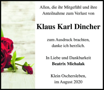 Traueranzeige von Klaus Karl Dincher  von Magdeburger Volksstimme