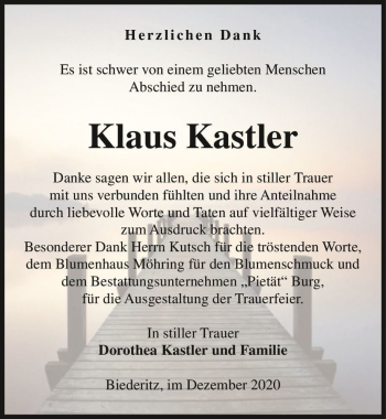 Traueranzeige von Klaus Kastler  von Magdeburger Volksstimme