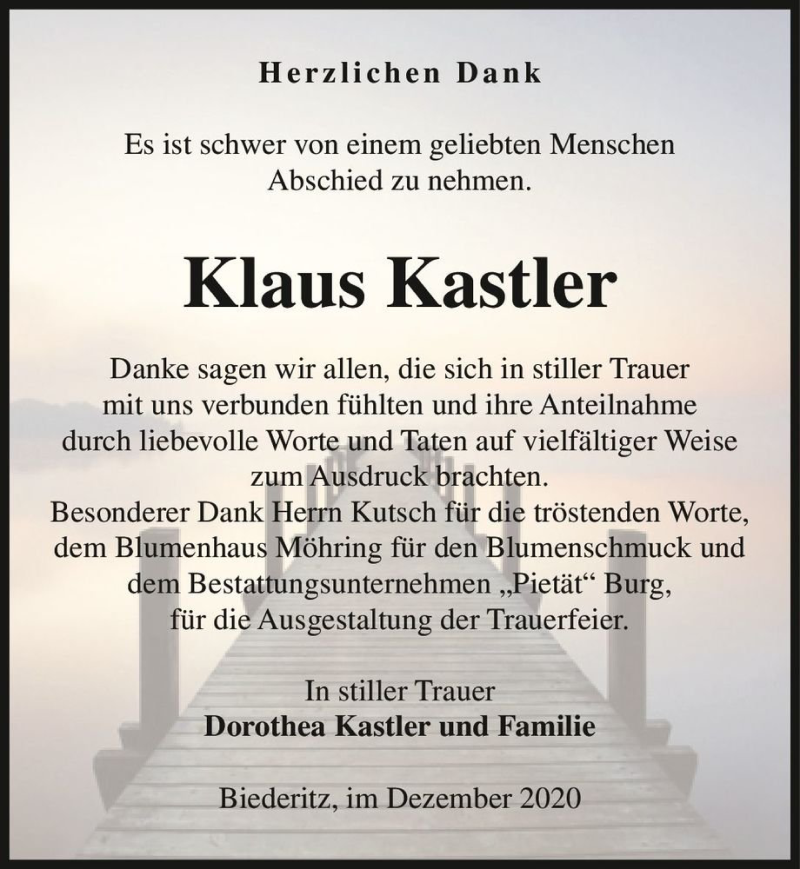  Traueranzeige für Klaus Kastler  vom 02.01.2021 aus Magdeburger Volksstimme