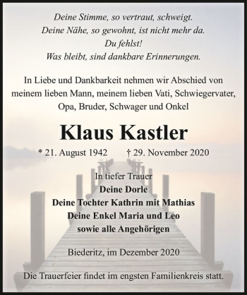 Traueranzeige von Klaus Kastler  von Magdeburger Volksstimme