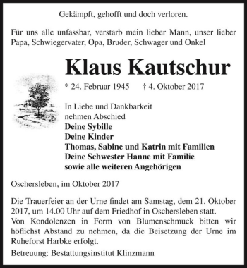 Traueranzeige von Klaus Kautschur  von Magdeburger Volksstimme