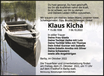 Traueranzeige von Klaus Kicha  von Magdeburger Volksstimme
