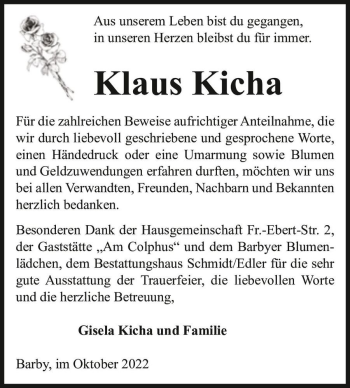 Traueranzeige von Klaus Kicha  von Magdeburger Volksstimme
