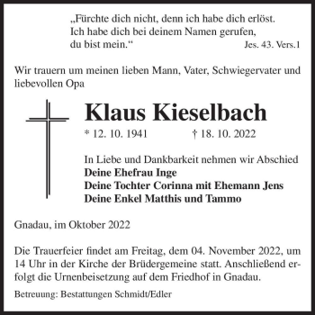 Traueranzeige von Klaus Kieselbach  von Magdeburger Volksstimme