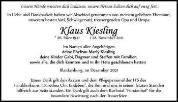 Traueranzeige von Klaus Kiesling  von Magdeburger Volksstimme
