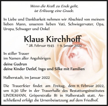 Traueranzeige von Klaus Kirchhoff  von Magdeburger Volksstimme