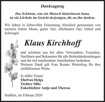 Traueranzeige von Klaus Kirchhoff  von Magdeburger Volksstimme