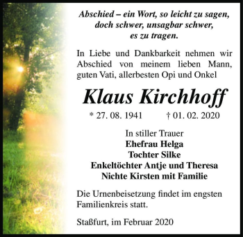 Traueranzeige von Klaus Kirchhoff  von Magdeburger Volksstimme