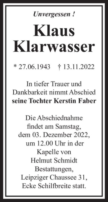 Traueranzeige von Klaus Klarwasser  von Magdeburger Volksstimme