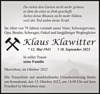 Traueranzeige von Klaus Klawitter  von Magdeburger Volksstimme