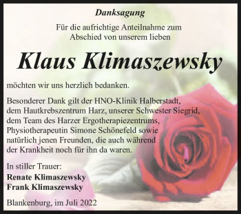 Traueranzeige von Klaus Klimaszewsky  von Magdeburger Volksstimme