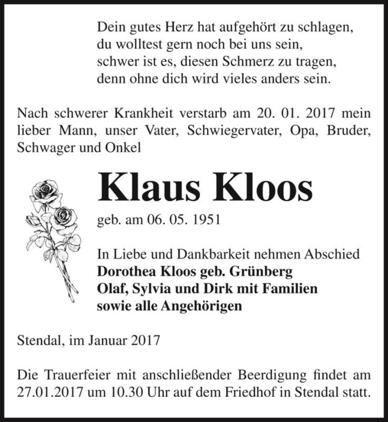  Traueranzeige für Klaus Kloos  vom 24.01.2017 aus Magdeburger Volksstimme