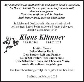 Traueranzeige von Klaus Klünner  von Magdeburger Volksstimme