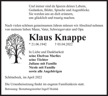 Traueranzeige von Klaus Knappe  von Magdeburger Volksstimme
