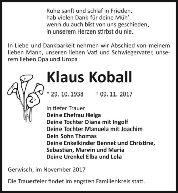 Traueranzeige von Klaus Koball  von Magdeburger Volksstimme