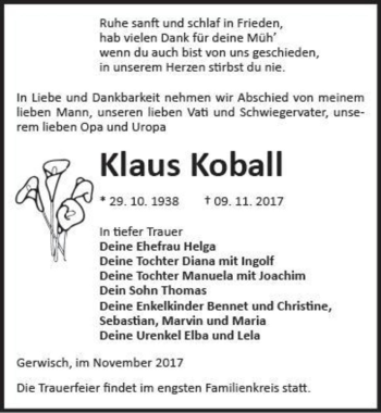 Traueranzeige von Klaus Koball  von Magdeburger Volksstimme