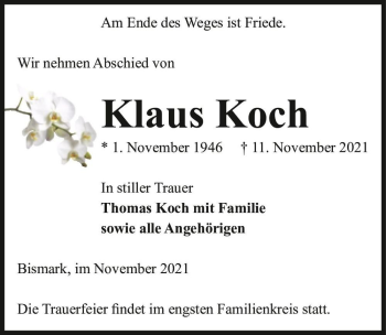 Traueranzeige von Klaus Koch  von Magdeburger Volksstimme