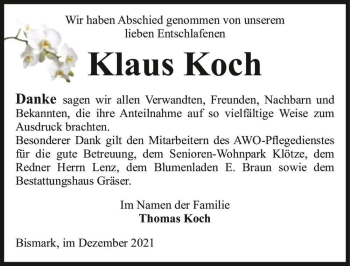 Traueranzeige von Klaus Koch  von Magdeburger Volksstimme