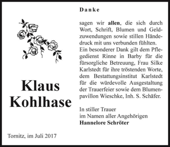 Traueranzeige von Klaus Kohlhase  von Magdeburger Volksstimme