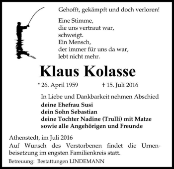 Traueranzeige von Klaus Kolasse  von Magdeburger Volksstimme