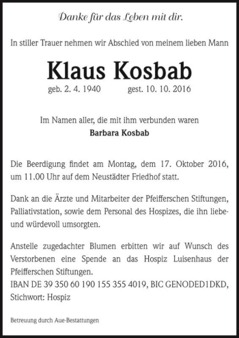 Traueranzeige von Klaus Kosbab  von Magdeburger Volksstimme
