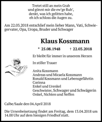 Traueranzeige von Klaus Kossmann  von Magdeburger Volksstimme