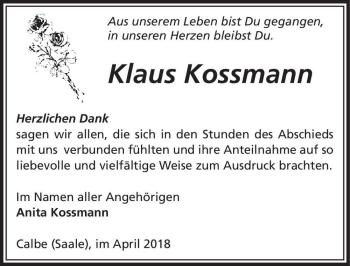 Traueranzeige von Klaus Kossmann  von Magdeburger Volksstimme
