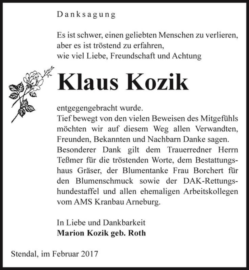  Traueranzeige für Klaus Kozik  vom 24.02.2017 aus Magdeburger Volksstimme