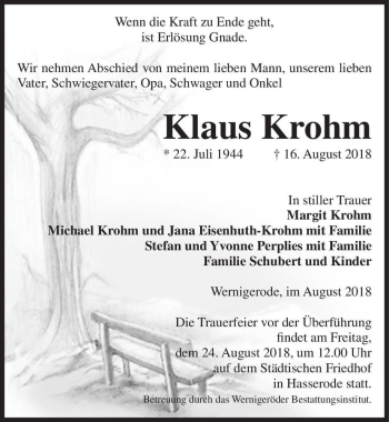 Traueranzeige von Klaus Krohm  von Magdeburger Volksstimme