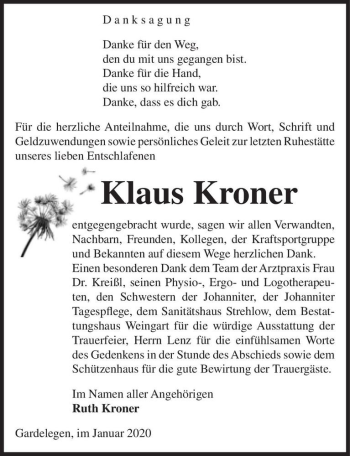 Traueranzeige von Klaus Kroner  von Magdeburger Volksstimme