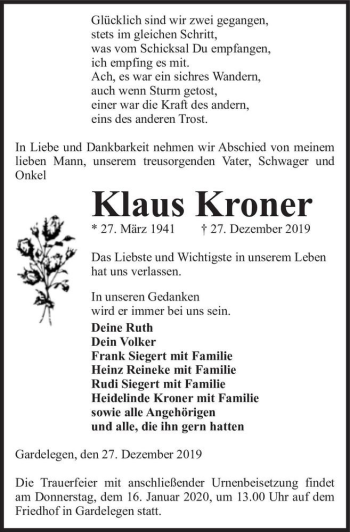 Traueranzeige von Klaus Kroner  von Magdeburger Volksstimme