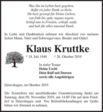 Traueranzeige von Klaus Kruttke  von Magdeburger Volksstimme
