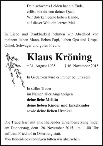 Traueranzeige von Klaus Kröning  von Magdeburger Volksstimme
