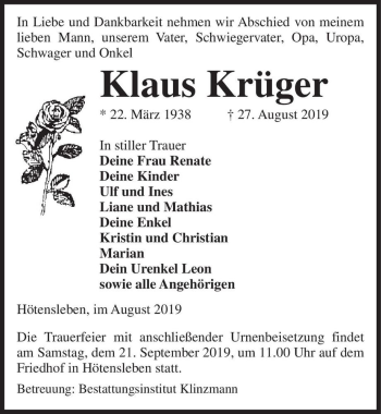 Traueranzeige von Klaus Krüger  von Magdeburger Volksstimme