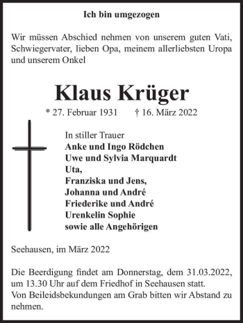 Traueranzeige von Klaus Krüger  von Magdeburger Volksstimme