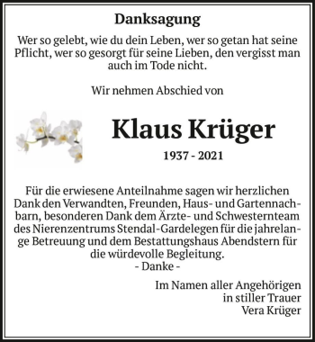 Traueranzeige von Klaus Krüger  von Magdeburger Volksstimme