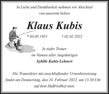Traueranzeige von Klaus Kubis  von Magdeburger Volksstimme