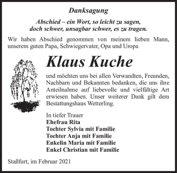 Traueranzeige von Klaus Kuche  von Magdeburger Volksstimme