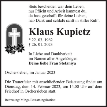 Traueranzeige von Klaus Kupietz  von Magdeburger Volksstimme