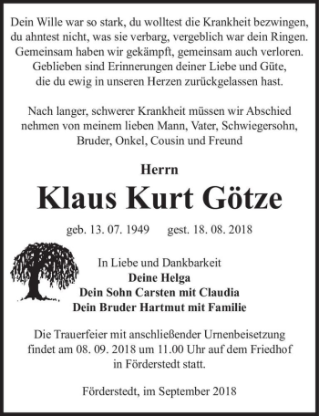 Traueranzeige von Klaus Kurt Götze  von Magdeburger Volksstimme