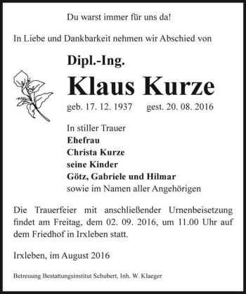 Traueranzeige von Klaus Kurze  von Magdeburger Volksstimme