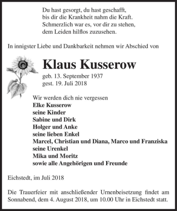 Traueranzeige von Klaus Kusserow  von Magdeburger Volksstimme