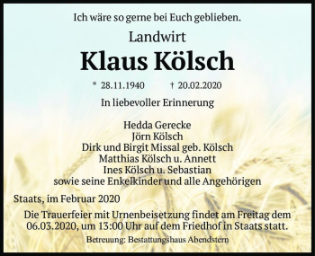 Traueranzeige von Klaus Kölsch  von Magdeburger Volksstimme