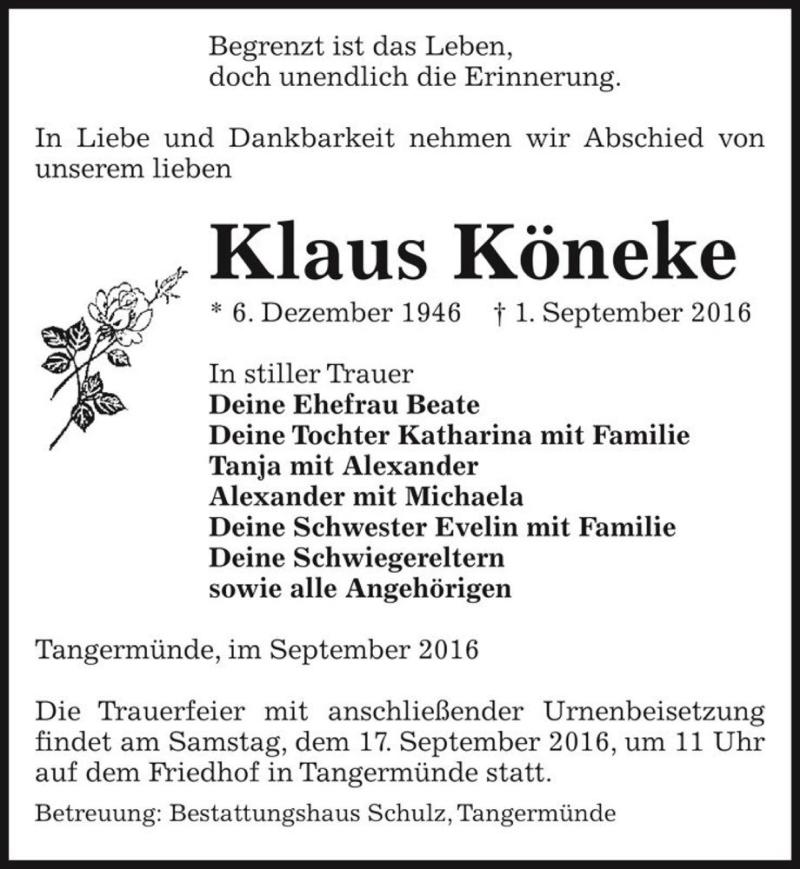  Traueranzeige für Klaus Köneke  vom 08.09.2016 aus Magdeburger Volksstimme