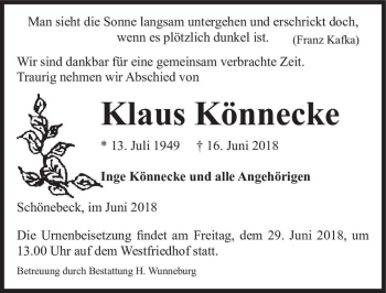 Traueranzeige von Klaus Könnecke  von Magdeburger Volksstimme