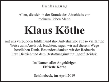 Traueranzeige von Klaus Köthe  von Magdeburger Volksstimme